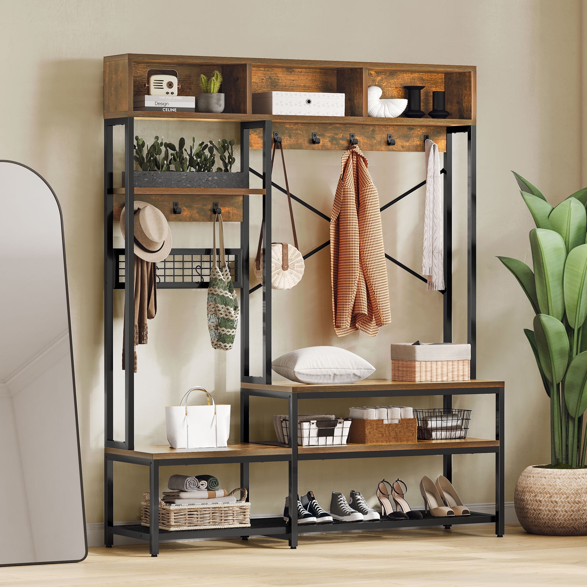 Tabbie 55" Farmhouse Entryway Freestanding Hall Tree Coat Rack with Bench and Shoe Storage for Living Room