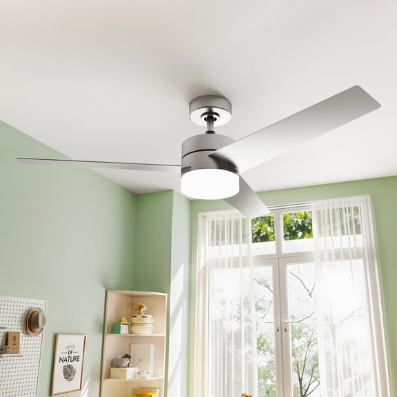 Craftian 52" Modern Ceiling Fan with LED Light and Dimmable Remote,6-Speed Reversible DC Motor, 3-Blade Timing Industrial Ceiling Fan for Living Room, Bedroom, and Outdoor Terraces, Silver