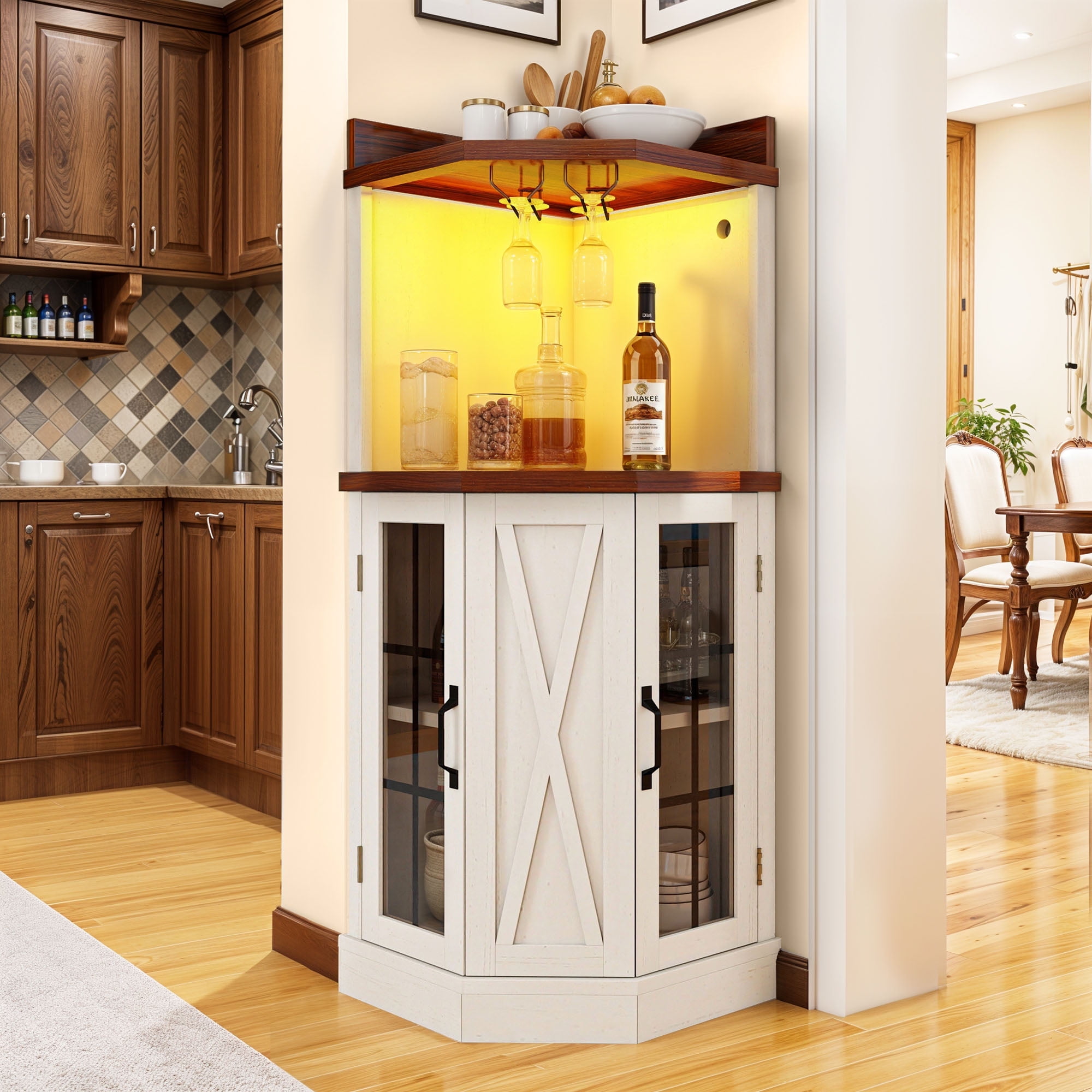 Craftian 53" Wine Bar Cabinet with LED Lights & Glass Holder, Corner Bar Unit with Glass Door, White