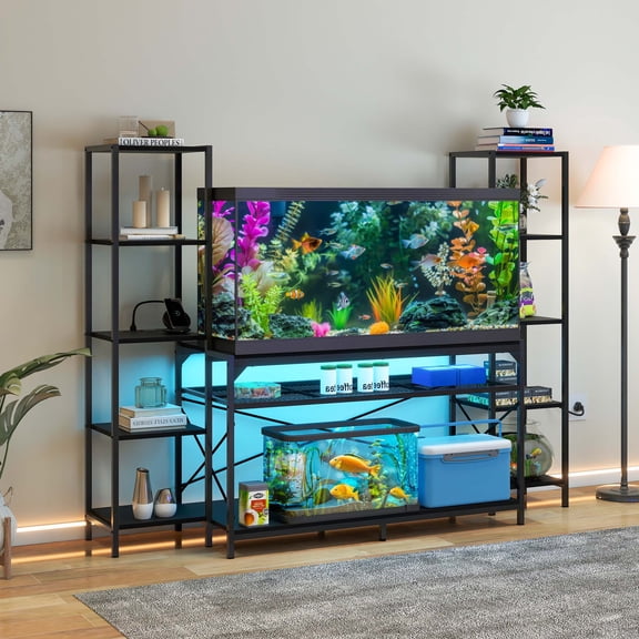 Craftian 55-75 Gallon Fish Tank Stand with LED Light & Power Outlets, Heavy Duty Metal Aquarium Stand Display Stand for Turtle Tank, Reptile Terrarium - Black
