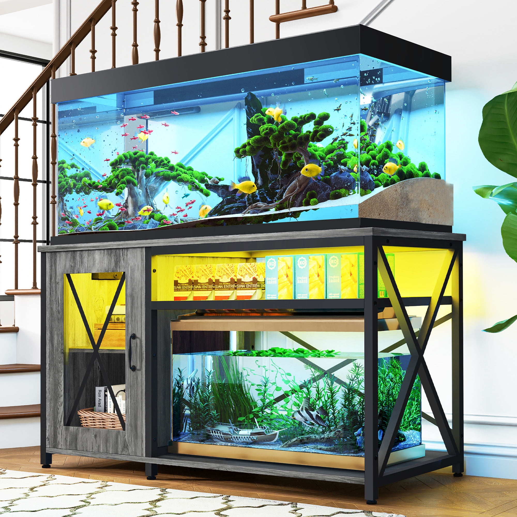 Gray Metal Aquarium Stand Cabinet with RGB Lighting and Power Outlets