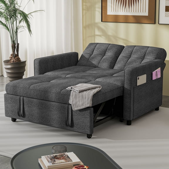 Craftian 55" Modern Convertible Sofa Bed with Pull Out Bed, Upholstered Loveseat Sofa Couch with Adjustable Backrest, Gray