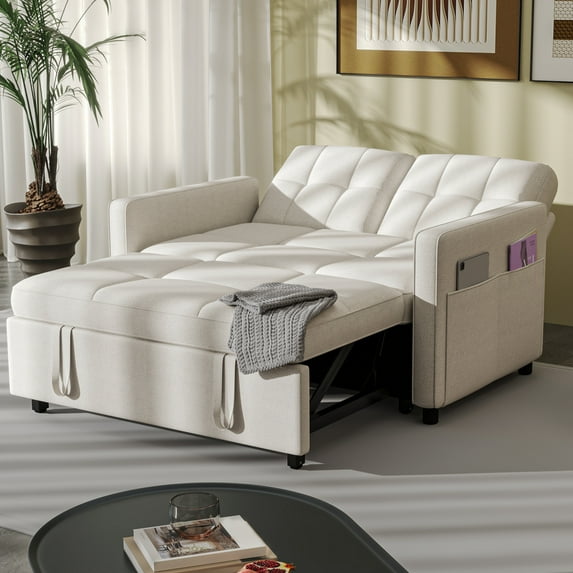 Craftian 55" Modern Convertible Sofa Bed with Pull Out Bed, Upholstered Loveseat Sofa Couch with Adjustable Backrest, White