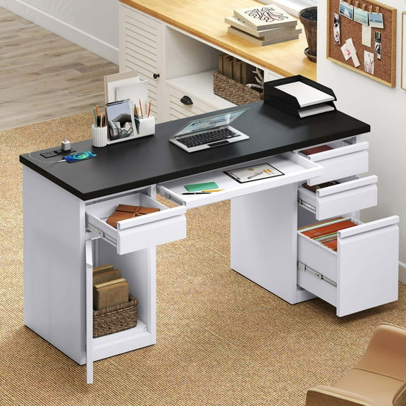 Craftian 57.1"W Metal Office Desk with Power Outlets & File Storage, Computer Desk with Door & Drawers, White