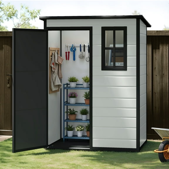 Craftian 5x3ft Resin Outdoor Storage Shed,Waterproof Garden Tool Storage with Window, Lockable Outside Storage for Patio,Lawn,Backyard