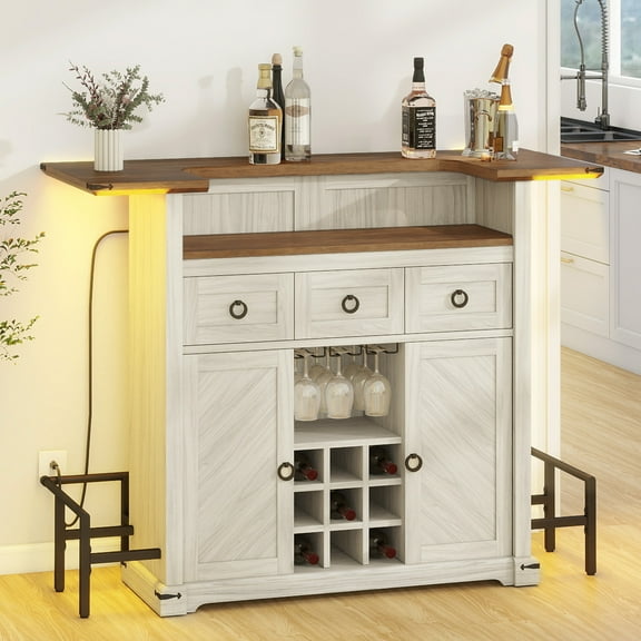 Craftian 6 Tier Home Bar Unit with LED Light, 55" Wine Cabinet with 2 Drawers, Farmhouse Mini Liquor Bar with Wine Rack and Footrest Bar Table for Home Pub, Party, Walnut