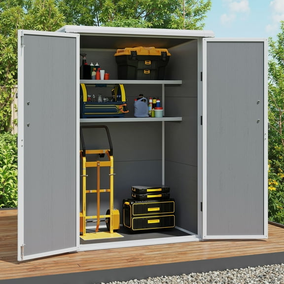 Craftian 60 Cu.Ft Outdoor Storage Shed, Weatherproof Tall Plastic Cabinet w/ Shelves, Lockable, Gray