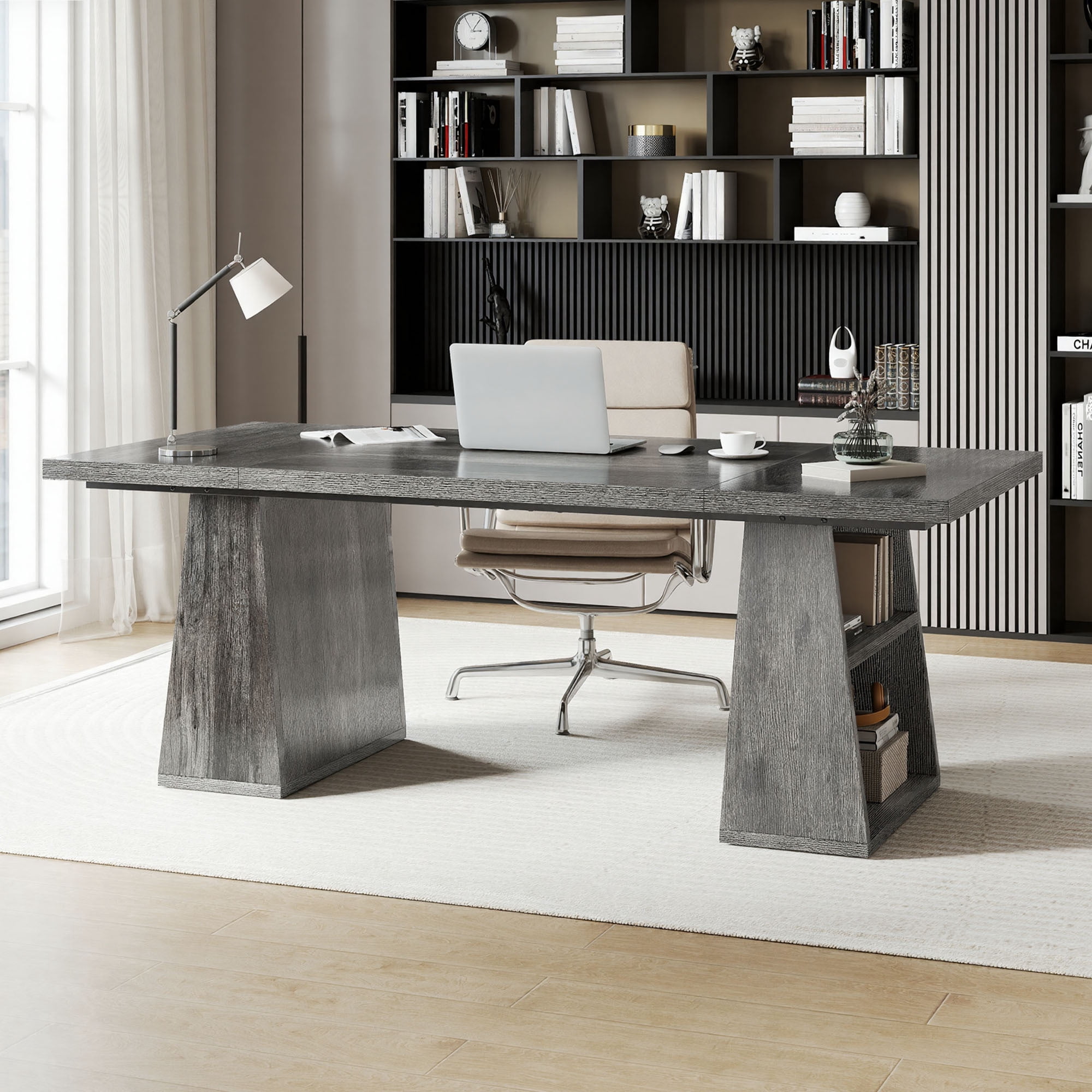Craftian 63 inches Executive Desk with Double Pedestal and Storage Shelves, Home Office Desk Computer Desk Conference Table, Gray