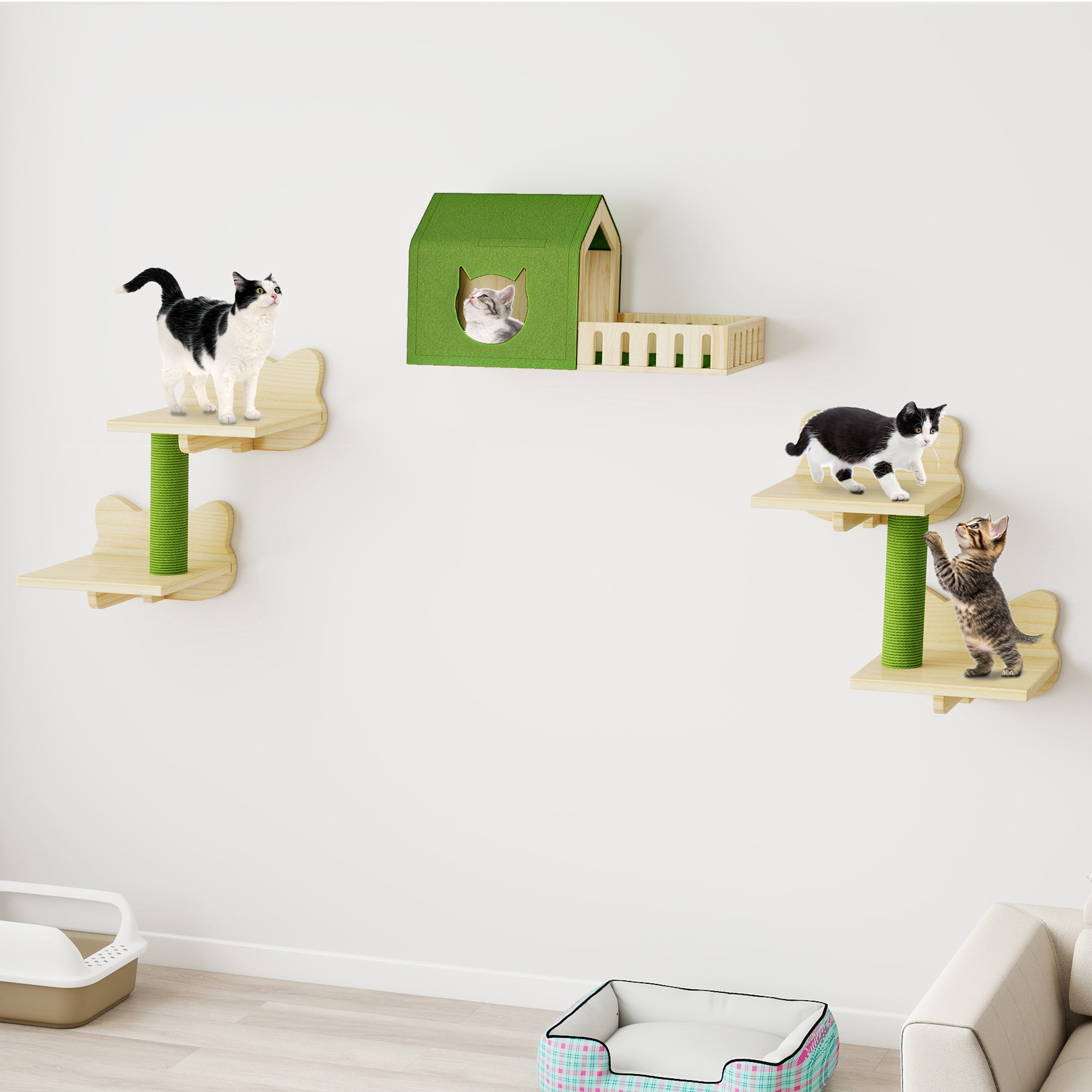 Craftian 7-Piece Solid Wood Wall Mounted Cat Furniture,Cat Wall Shelves and Perches,Cats Climbing Shelves with Wall House and Fence, Steps, Scratching Posts