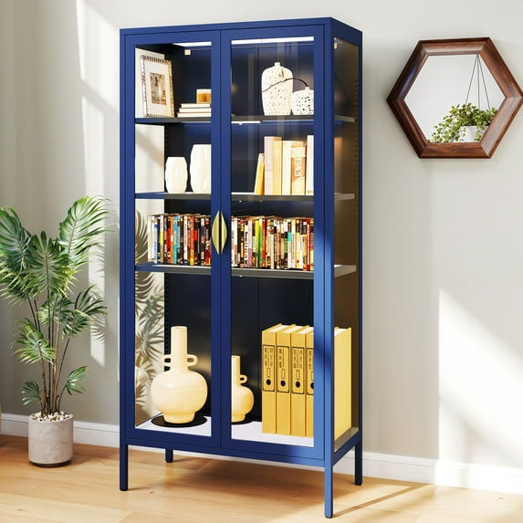 Craftian 70.8"H Metal Display Storage Cabinet with LED Lights & Glass Doors, Navy Blue