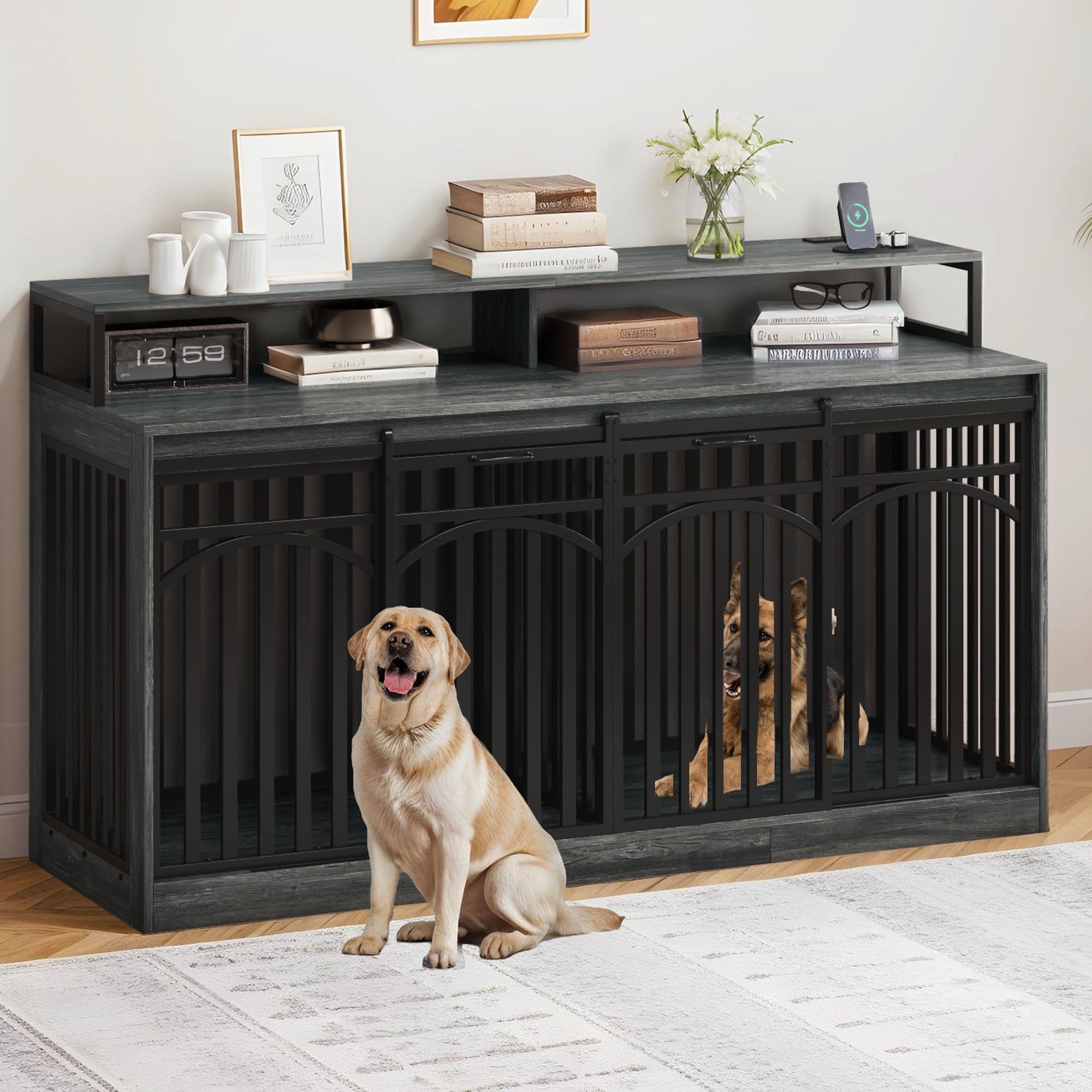 Craftian 71" Dog Crate Furniture, TV Stand with LED Lighting and Power Outlets, Dog Kennel for Large Dogs - Black Oak