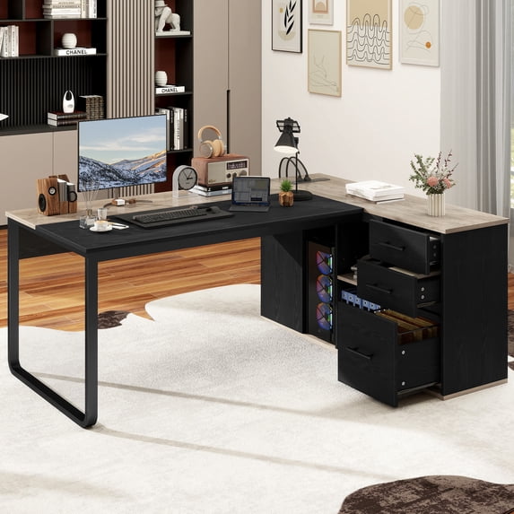 Craftian 71" L-Shaped Desk File Cabinet, Computer Desk with Power Outlets, Executive Desk for Home Office