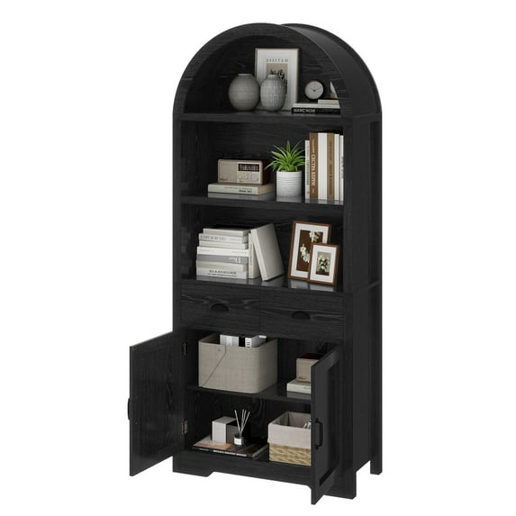Craftian 71 " Tall Bookshelf with Storage, Wooden Arched Bookcase with 2 Drawers and Shelves for Living Room, Black