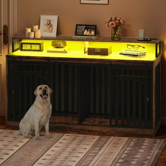 Craftian 71 inch Dog Crate Furniture with LED Light & Power Outlets,Wooden Dog Crate for Large Medium Dogs-Rustic Brown