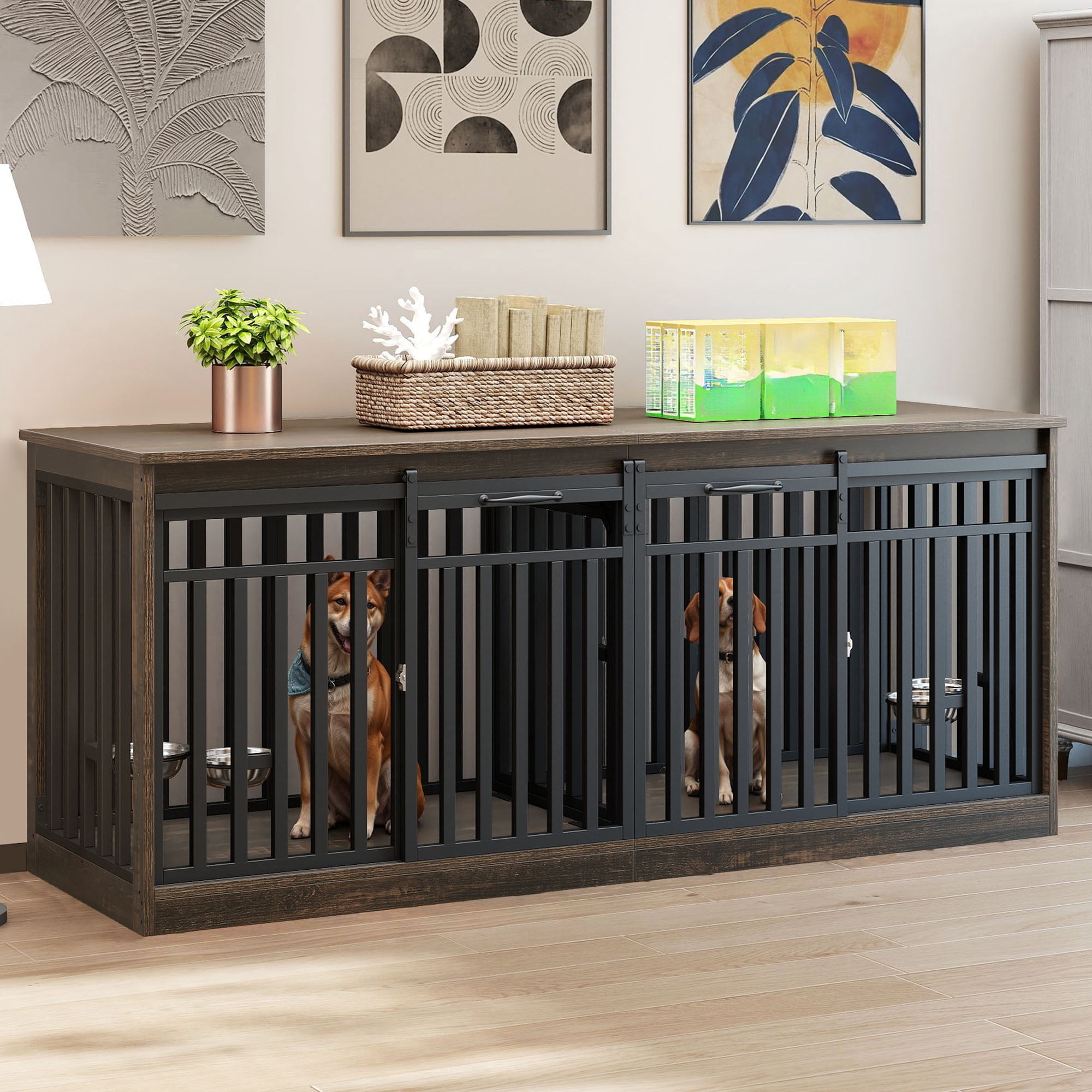 Craftian 71In Farmhouse Dog Crate TV Stand, Wooden Dog Kennel Furniture with 4 Dog Bowls, Large Dog Crate Furniture for 2 Dogs - Black Oak