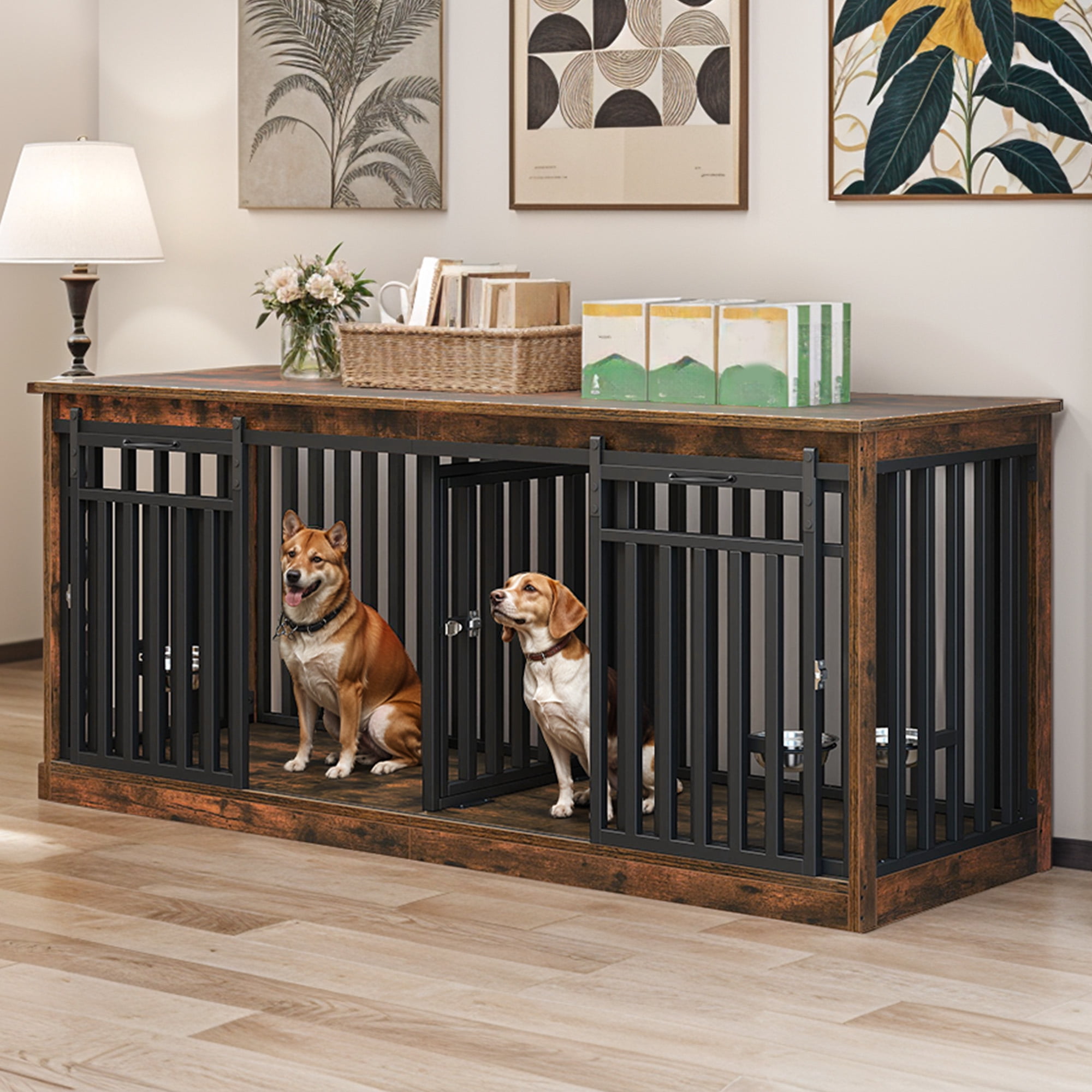 Craftian 71In Farmhouse Dog Crate TV Stand, Wooden Dog Kennel Furniture with 4 Dog Bowls, Large Dog Crate Furniture for 2 Dogs - Rustic Brown