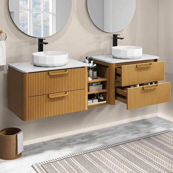 Craftian 72-Inch Bathroom Vanity with 2 Basins, Wall Mounted Floating Vanity Cabinet with 4 Large Storage Drawers& 4 Open Spaces