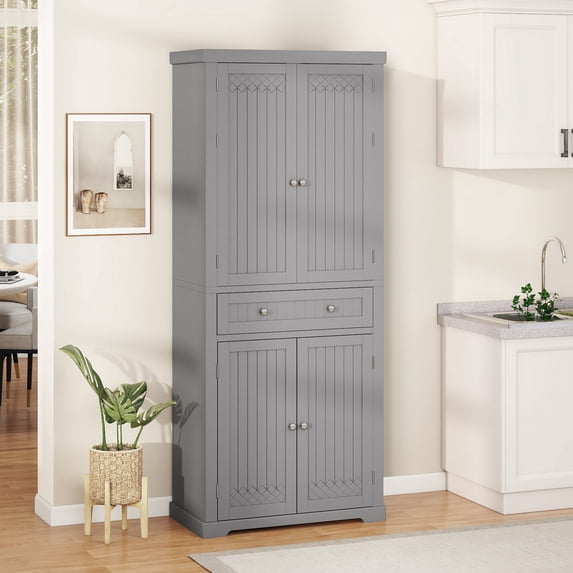 Craftian 72'' Tall Kitchen Pantry Cabinet with Drawer, 4 Door Pantry Storage Cabinet with Adjustable Sliding Shelve, Freestanding Buffet Cupboards, Food Pantry Cabinet for Dining Room, Kitchen, Gray