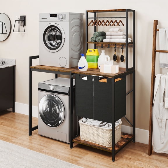 Craftian 76.6"H Washer & Dryer Storage Rack with Hamper, Laundry Room Storage Shelves, Brown
