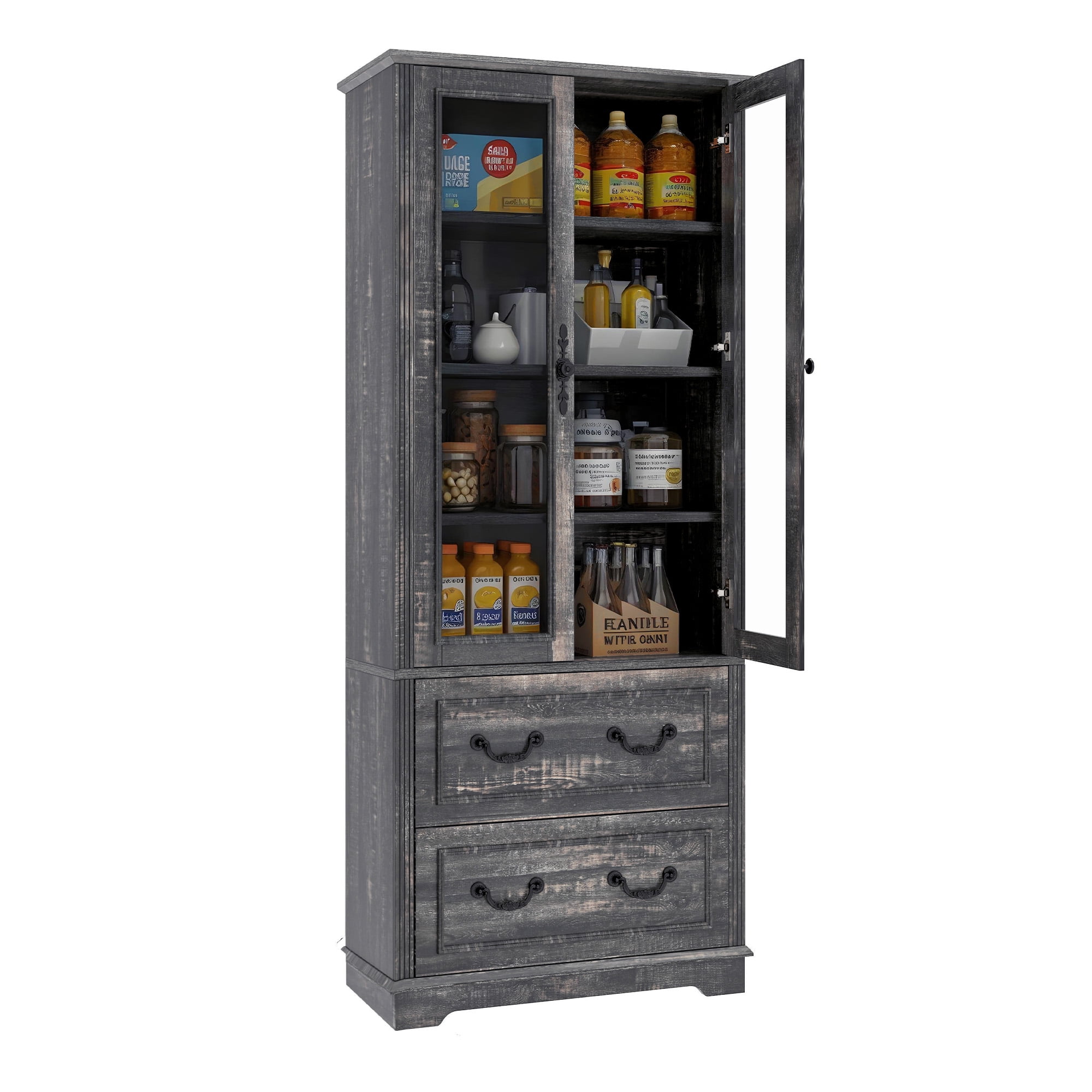 Craftian 76'' Kitchen Pantry Cabinet with 2 Drawers, Tall Storage Cabinet with Glass Doors & Adjustable Shelves, Dark Rustic Oak