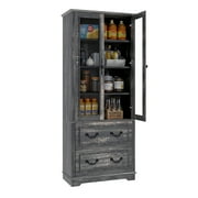 Craftian 76 Kitchen Pantry Cabinet with 2 Drawers, Tall Storage Cabinet with Glass Doors & Adjustable Shelves, Dark Rustic Oak