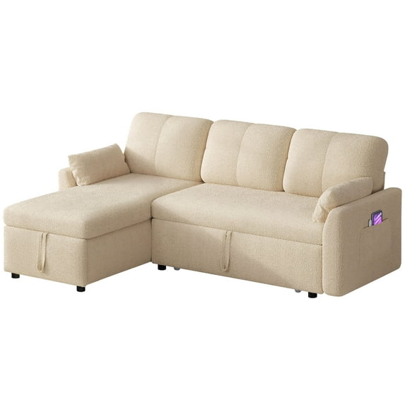 Craftian 84" Convertible Sofa Bed with Storage Chaise and Pocket, L Shape Pull Out Sofa Bed, 2 in 1 Sleeper Sofa Sectional Couch for Living Room, Beige