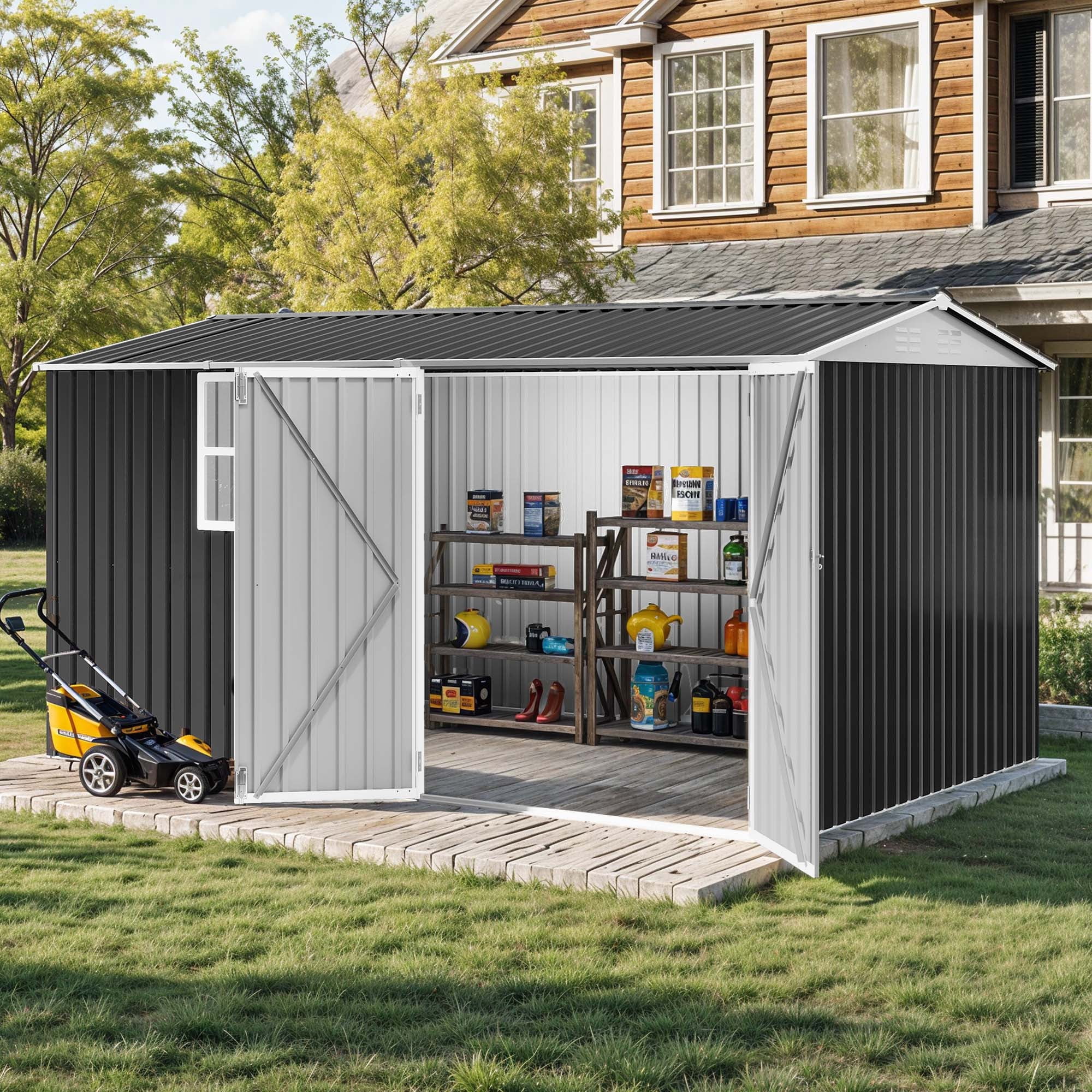 Craftian 8x12ft Outdoor Storage Shed,Tool Shed with Window,Lockable Doors,and Angled Roof,Large Steel for Backyard,Yard,Garden,Porch,Garage