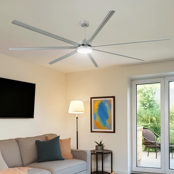 Craftian 96 Inch Ceiling Fan with Lights and Remote Control, Large Industrial Ceiling Fan with 6-Speed,7 Aluminum Blades - Silver