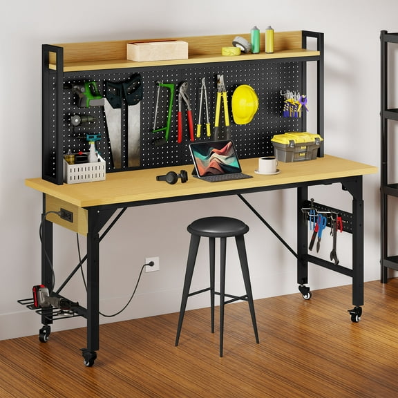 Craftian Adjustable Workbench with Pegboard,2-Tier Heavy Duty Work Table with Wheels