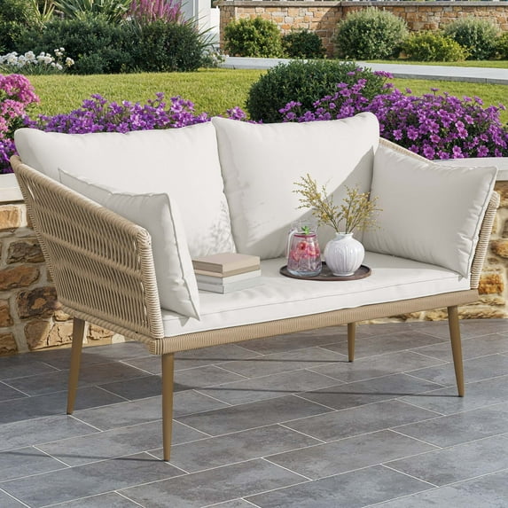 Craftian All-Weather Wicker Outdoor Loveseat with Cushions & Lumbar Pillows - Beige