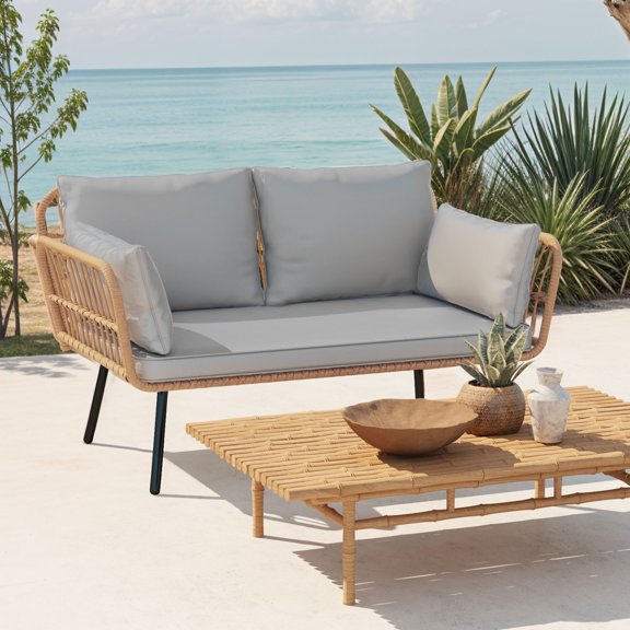 Craftian All-Weather Wicker Outdoor Loveseat with Soft Cushion, 2-Seat Rattan Sofa - Gray