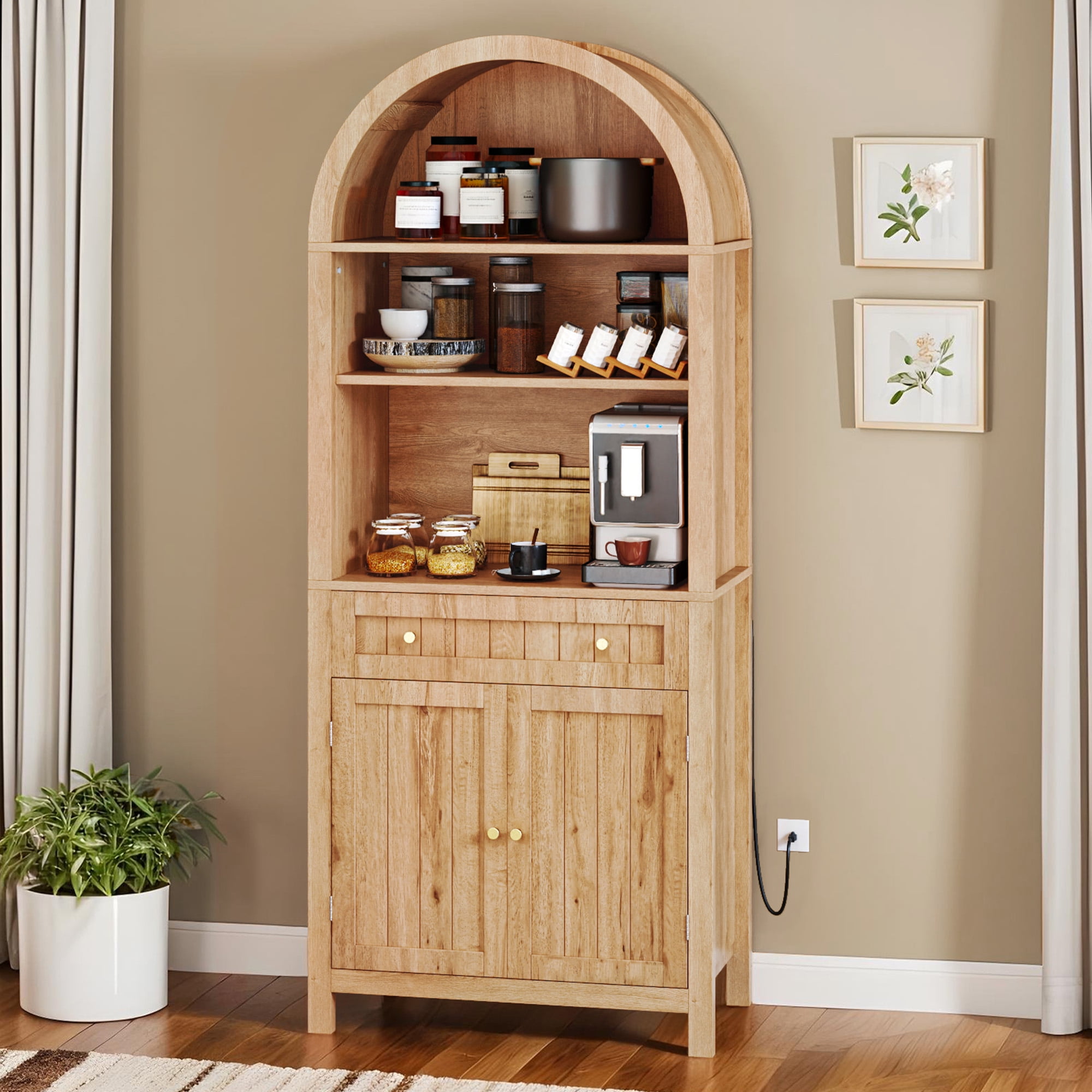 Craftian Arched Kitchen Pantry Cabinet, 73" Tall Farmhouse Wood Pantry ...