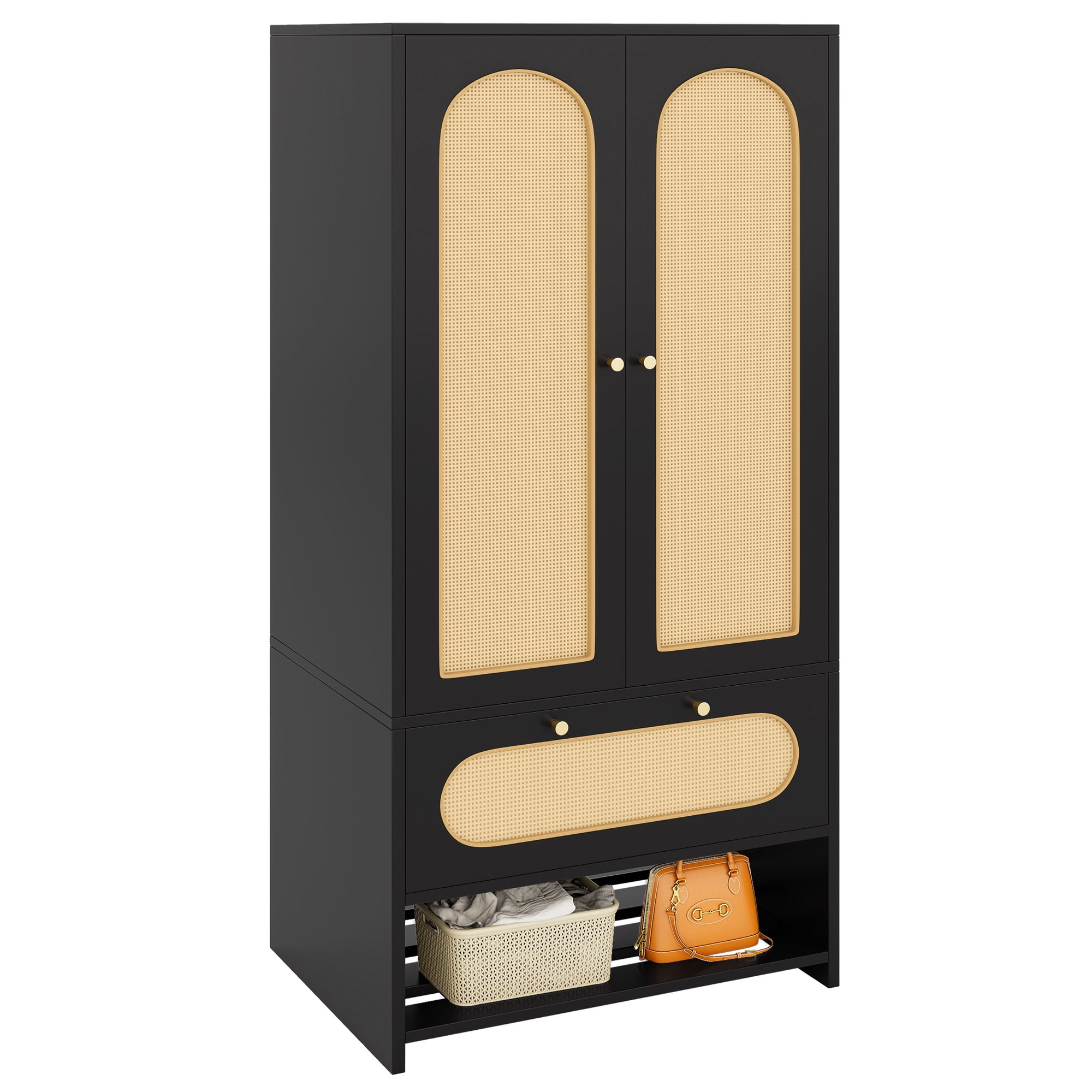 Black and Natural Rattan Armoire Closet with Doors and Drawer