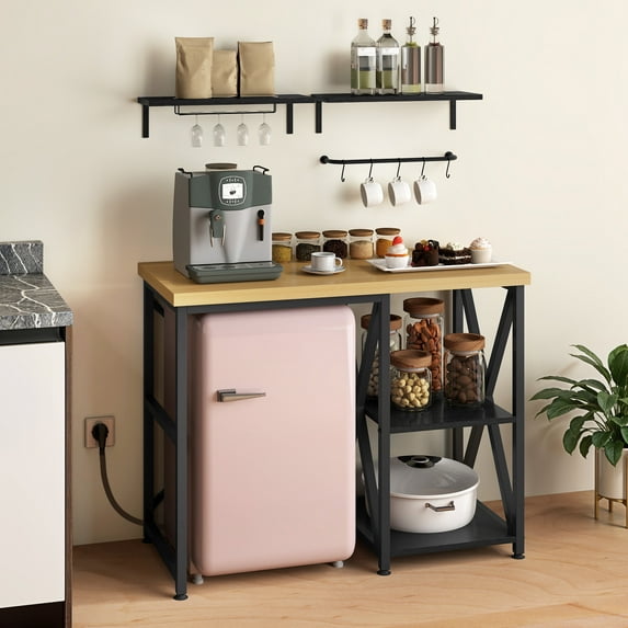 Craftian Bakers Rack with Mini Fridge Storage Compartment, Microwave Stand with Wall Mount Shelves & Hooks, Black
