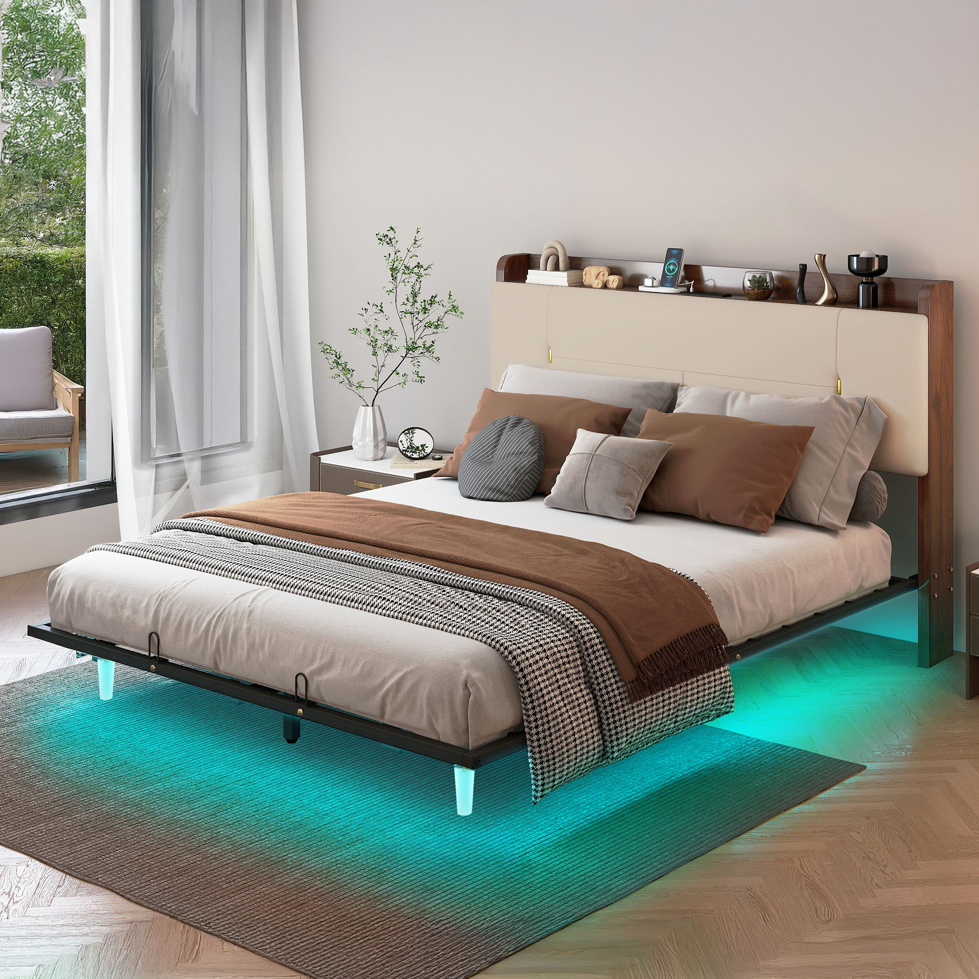 Uforic Beige King Bed Frame with LED Lighting, Contemporary Upholstered Platform Bed Frame, Floating Bed Frame with Charging Station, Box Spring Not Needed