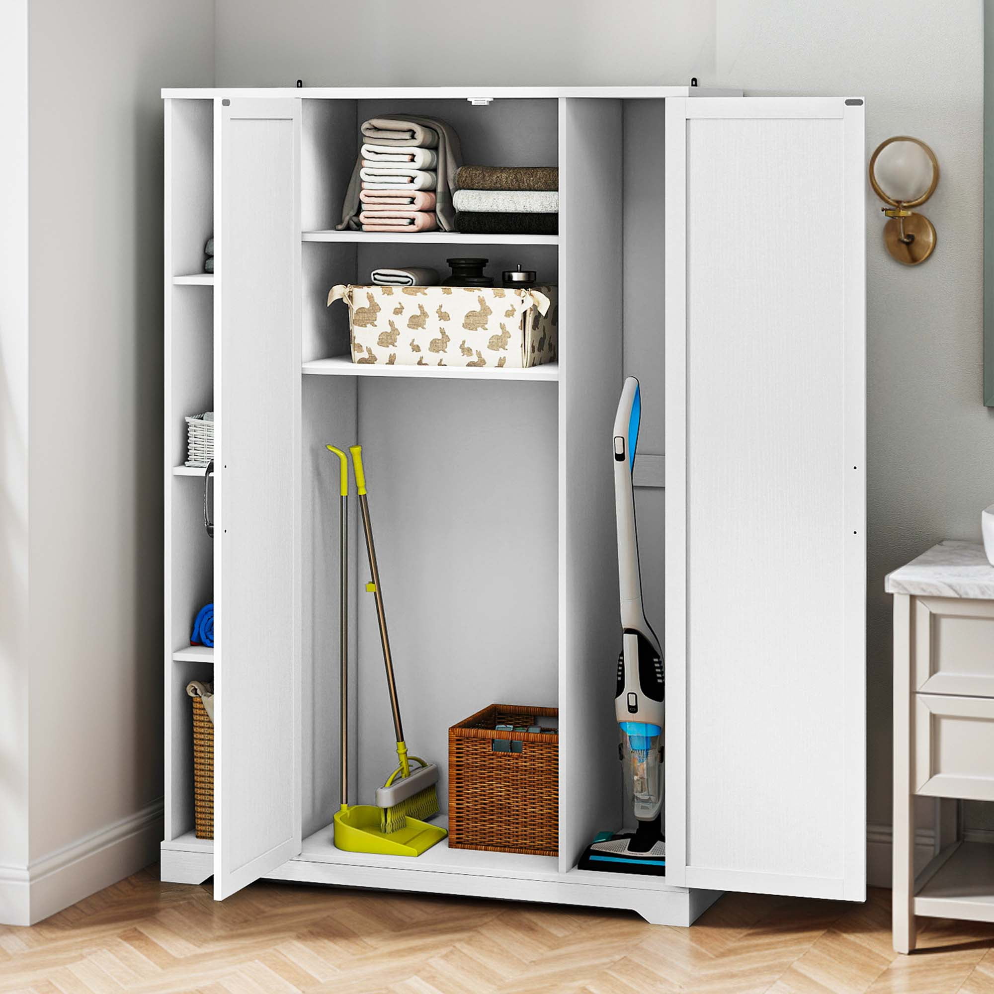 Craftian Broom Closet Storage Cabinet with Adjustable Shelves, Wood Garage Cabinet, White