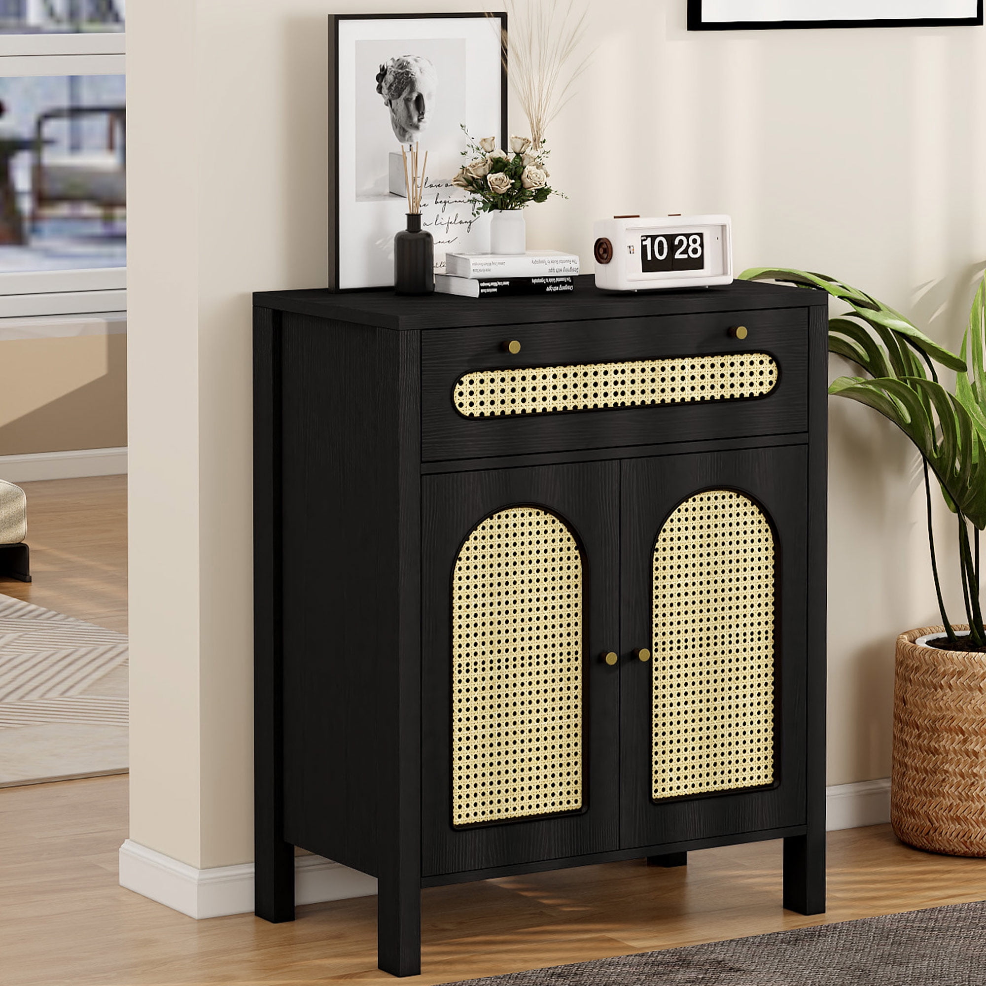 Black MDF and Rattan Accent Cabinet with Adjustable Shelving