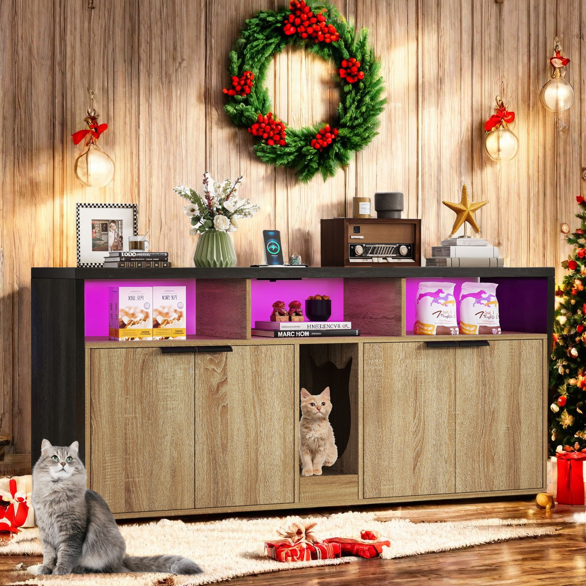 Craftian Cat Litter Box Enclosure with Power Outlet and LED Light, Wooden Long Cat Litter Box Enclosure TV Stand Furniture with Double Rooms - Oak