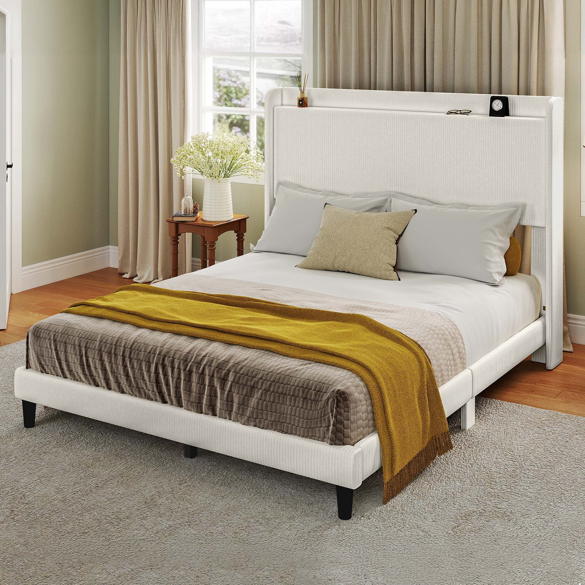 Uforic Corduroy Queen Bed Frame with Adjustable Headboard, Sturdy Slats, No Box Spring Needed, Beige