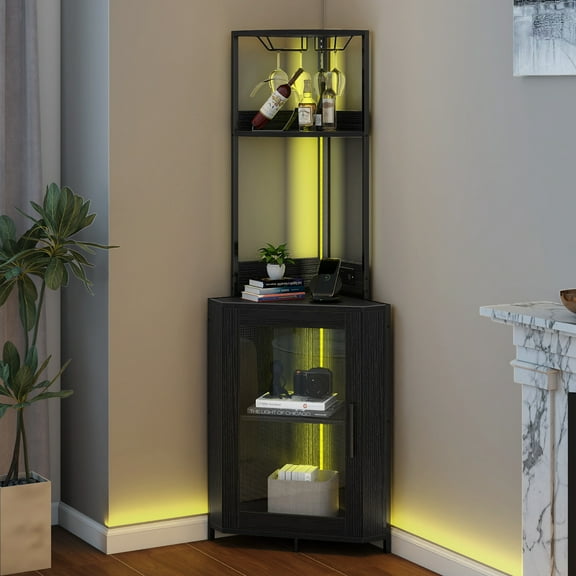 Craftian Corner Shelf with Door & LED Light, 5 Tier Corner Bar Cabinet with Power Outlets& Glass Holder, Tall Corner Stand Display Storage Rack for Home, Black