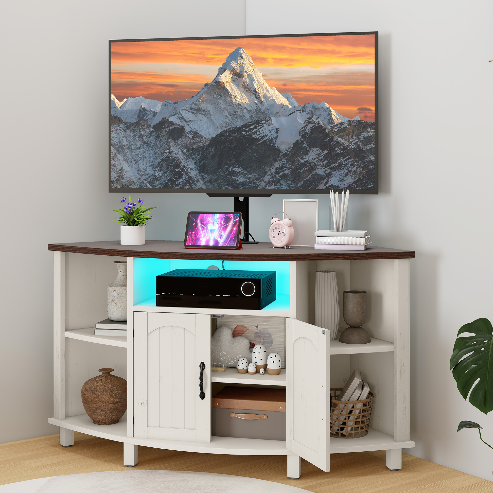 Craftian Corner TV Stand with Mount for 32-70 Inch TVs, LED Entertainment Center TV Table with Power Outlets