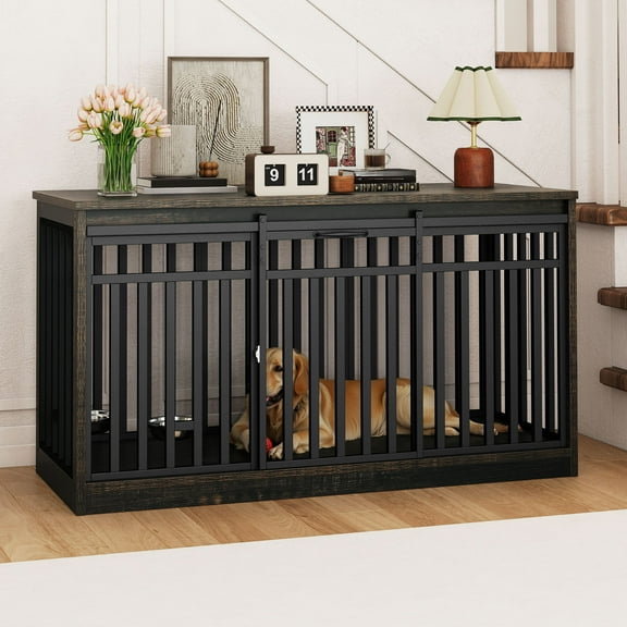 Craftian Dog Crate Furniture with Sliding Door, 55 in Wooden Indoor Dog Cage Table with Dog Bowl,Black Oak