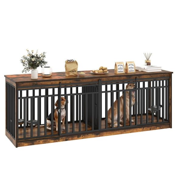 Craftian Double Dog Crate Furniture with 4 dog bowls, Wood Dual Dog Kennel TV Stand 86.6 inch A Spacious Haven for Your Beloved Pets, Brown
