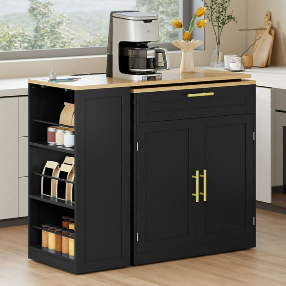 Craftian Extendable Kitchen Island Table with Stools & Storage, Kitchen Island with Charging Station, Black