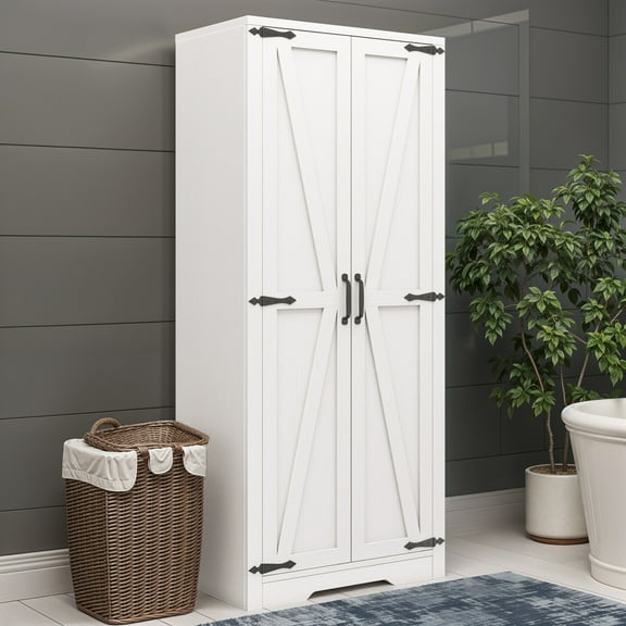 Craftian Farmhouse 2-Door Storage Cabinet, Freestanding Utility Organizer, Cleaning Tool Storage, White