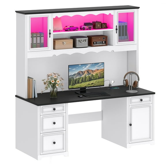Craftian Farmhouse 61" Computer Desk with Hutch, Executive Desk with LED Lights &Storage Cabinet, White