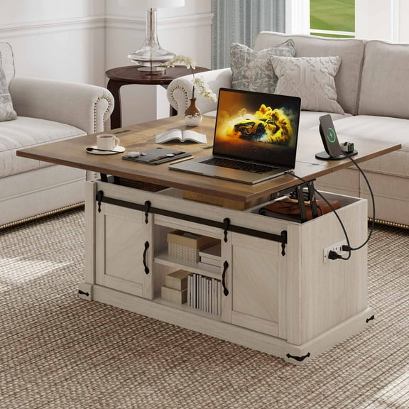 Craftian Farmhouse Coffee Table with Foldable Top & Barn Doors, Center Table with Power Outlets, Brown