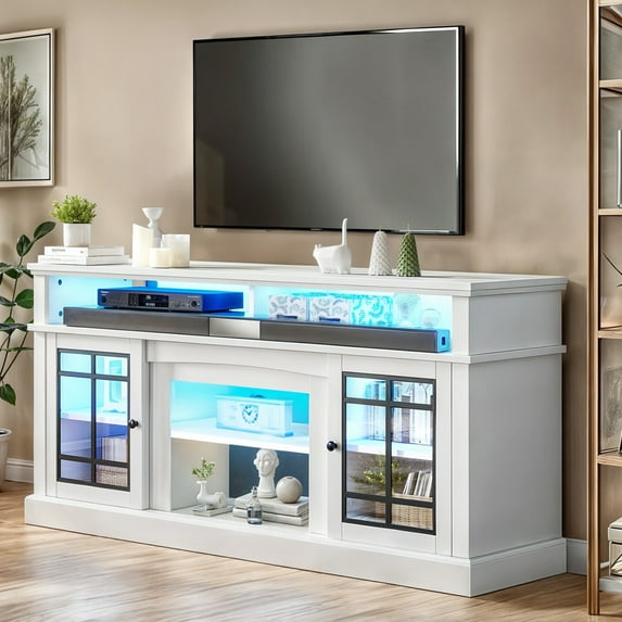 Craftian Farmhouse LED TV Stand for TV up to 70" with Glass Door, Wood TV Media Console Entertainment Center for Living Room, White