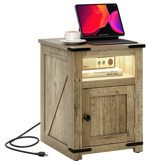 Craftian Farmhouse Nightstand with Power Outlets & LED Lights, Bedside End Table with Door, Old Oak