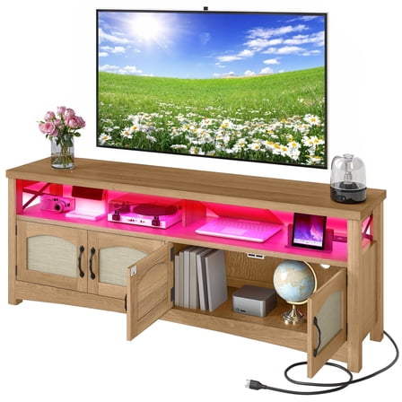 Craftian Farmhouse TV Stand for 65 inch TV, Entertainment Center with LED Light, TV Media Console Cabinet, 59" Oak